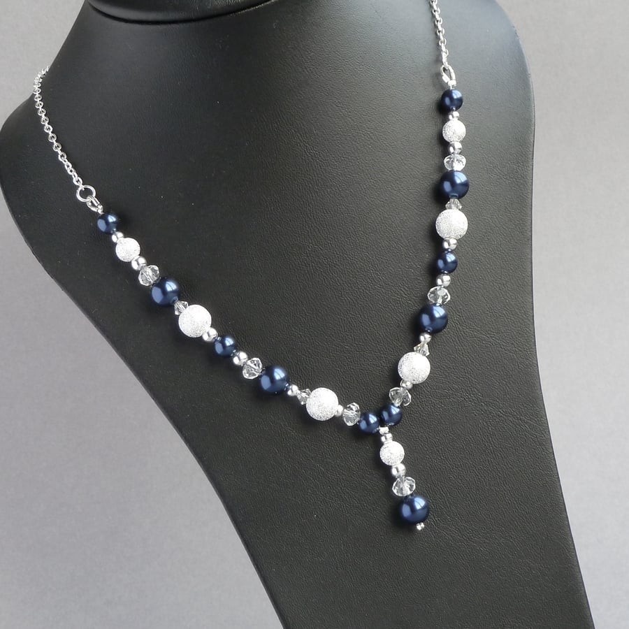 Navy Stardust Y Necklace - Dark Blue Pearl Jewellery - Bridesmaid Gift - Wedding