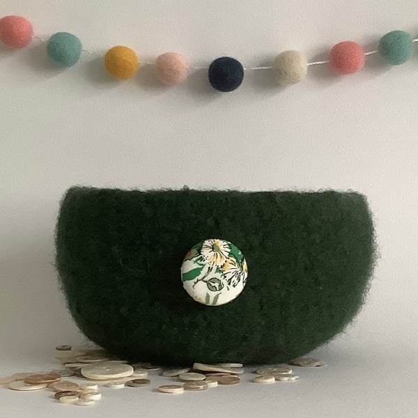 FELTED 'FUSSPOT' BOWL, desk tidy.' Ivy'. Green (with Liberty fabric button)