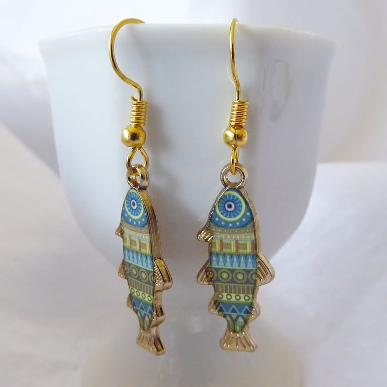 Narrow Aztec Fish Earrings with gold plated ear wires