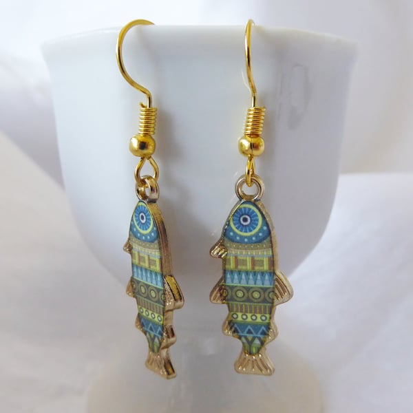 Narrow Aztec Fish Earrings with gold plated ear wires