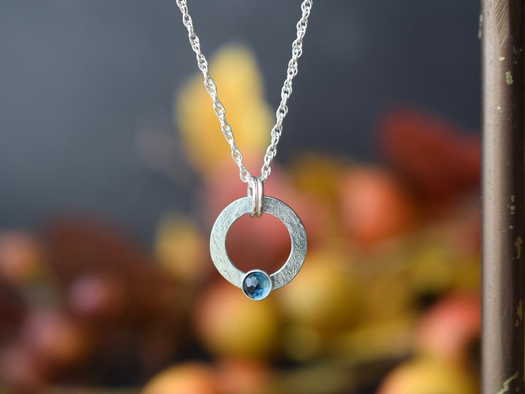 Silver Circle Ring Pendant Necklace with London Blue Topaz Stone
