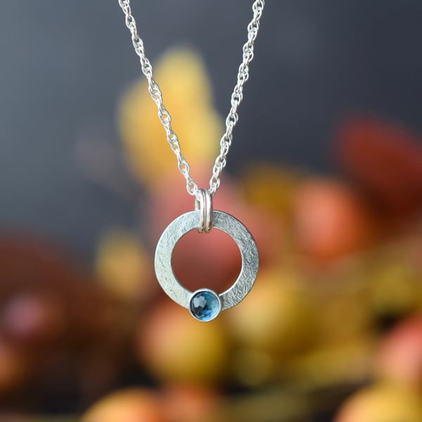 Silver Circle Ring Pendant Necklace with London Blue Topaz Stone