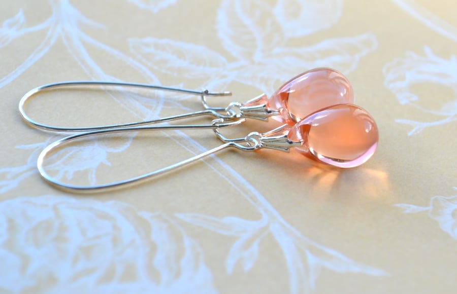 Peach earrings, teardrop bead earrings, czech glass, bridesmaid jewellery