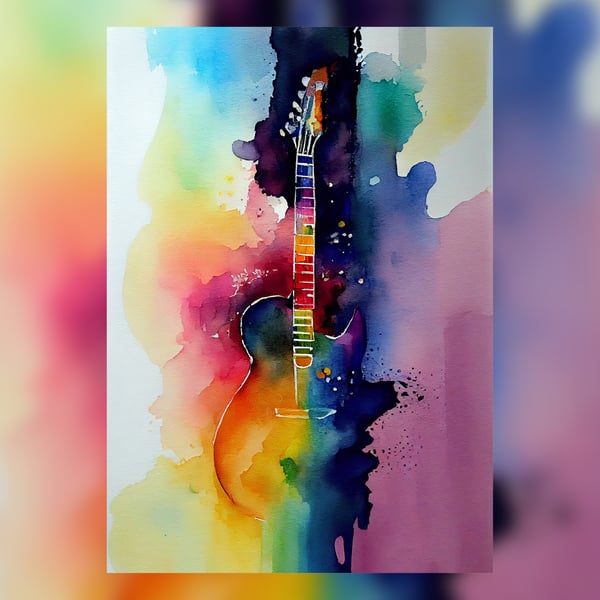 Abstract Guitar, Watercolor Painting Print, Artistic Interpretation of Music 5x7