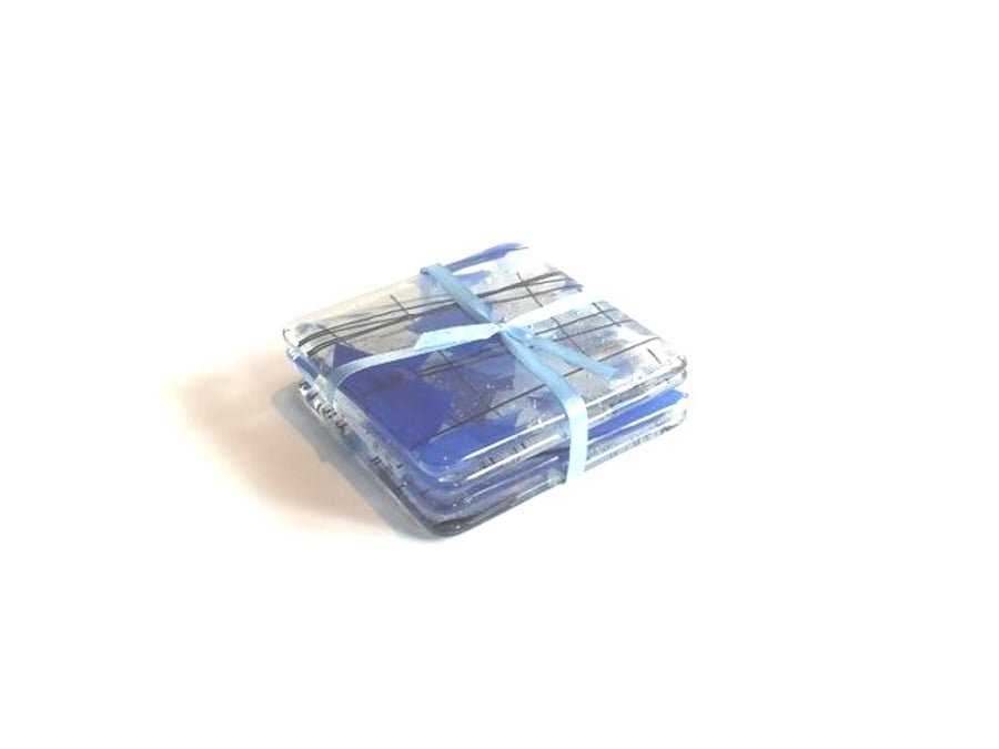 Set of 4 Blue Confetti Clear glass Coasters