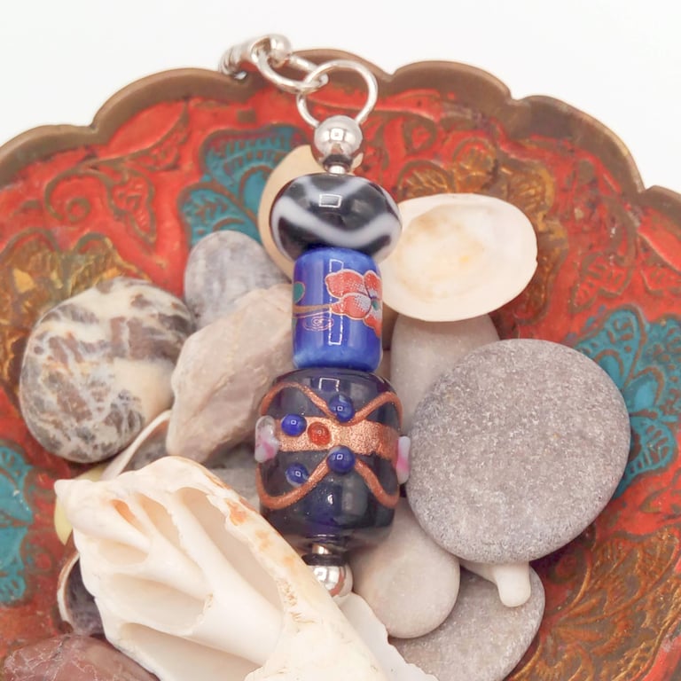 Blue and Black Lampwork Bead Key Ring, Key Ring, Gift for Her, Gift for Teacher