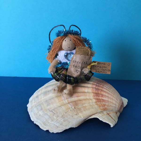 Tiny Cornish Pasty Fairy Doll Decoration, Cornish Tartan, Turquoise, Cornwall