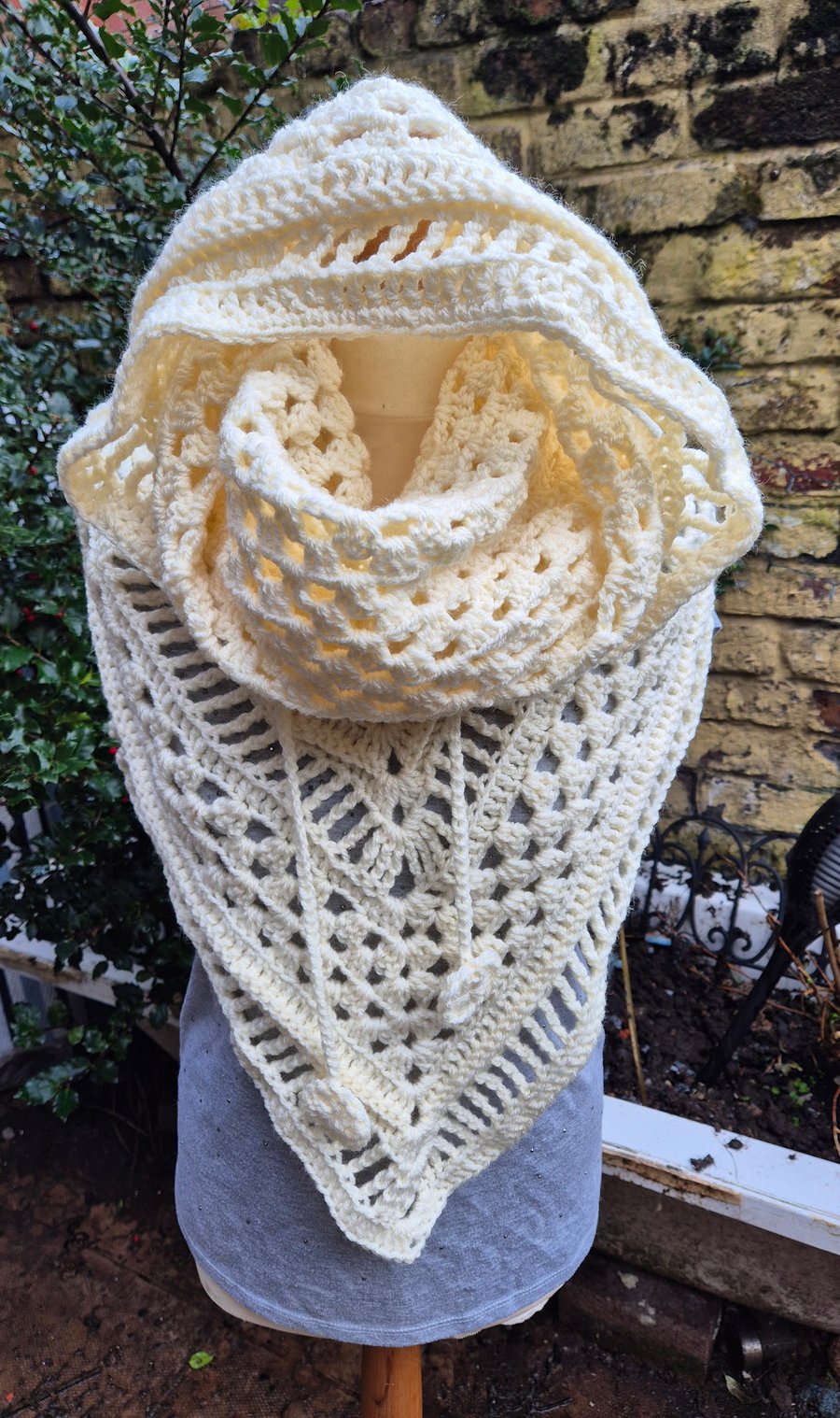 Hand crocheted hooded cowl