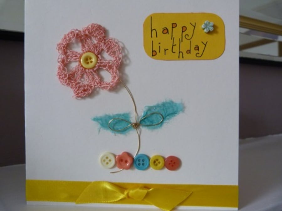 Peach Crochet Flower Birthday Card