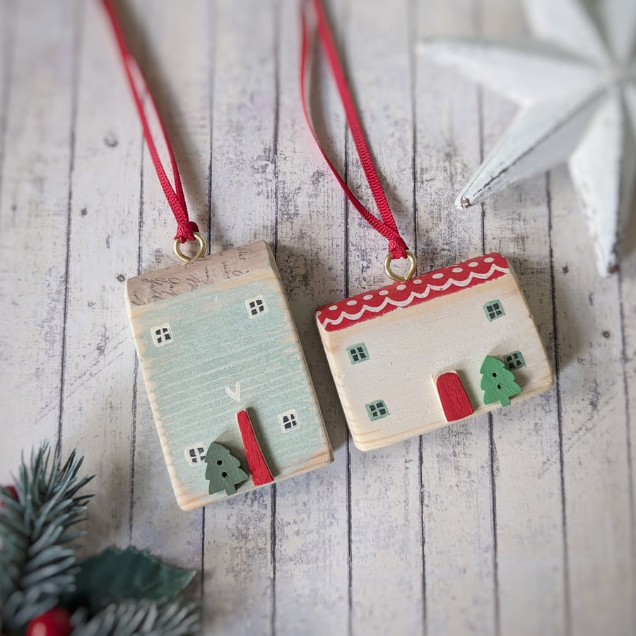 Set of 2 Wooden Christmas House Hanging Decorations