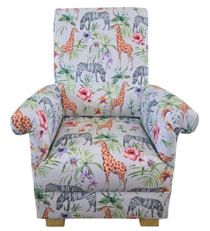 Children's Armchair Kids Chair Serengeti Animals Fabric Boys Girls Dove Grey