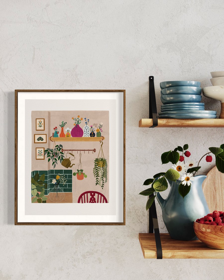 The Kitchen with Green Tiles Illustration Art Print