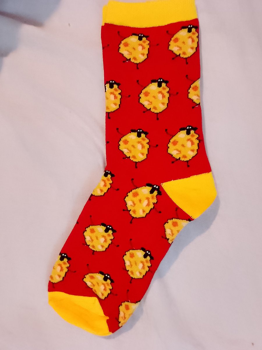 Quirky Sheep Red and Yellow Cotton Socks, Ladies size 4 to 8