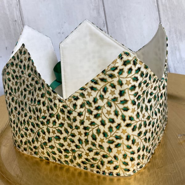 Pick and Mix Reusable Christmas Crown. Cream with green and gold holly