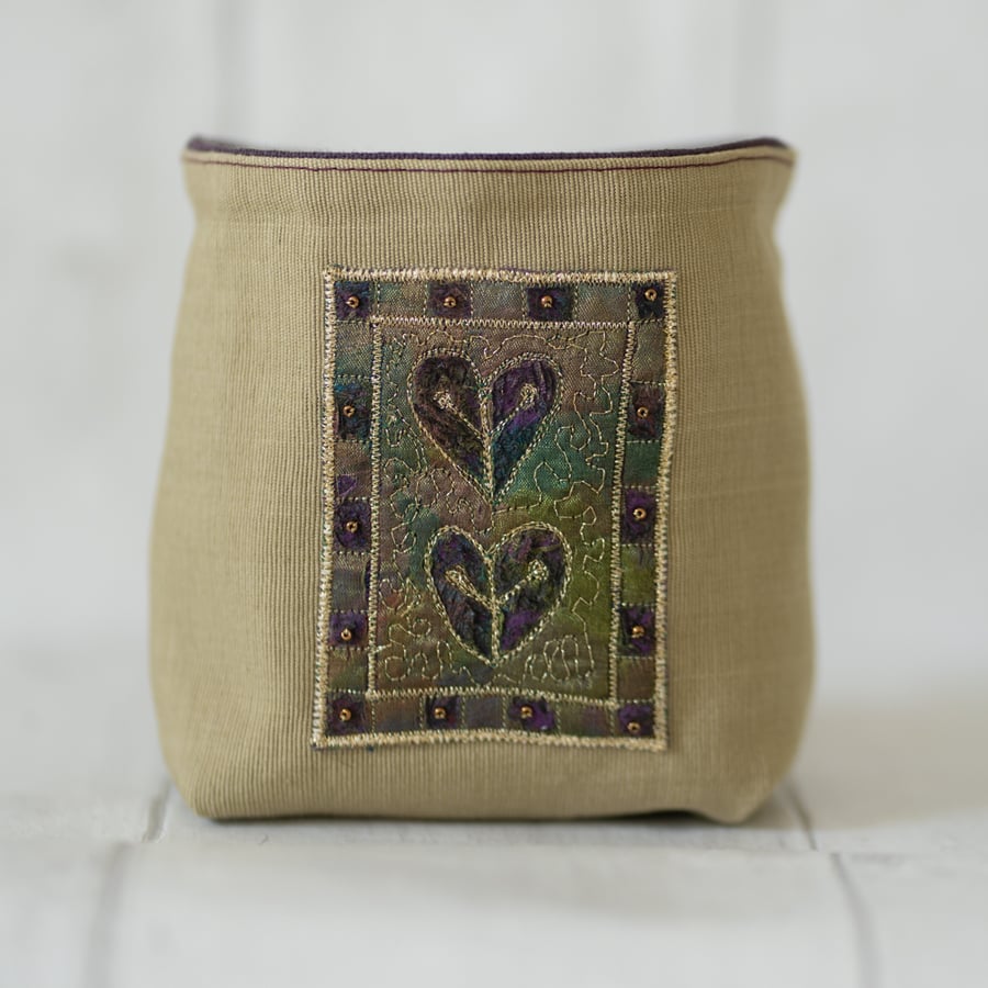 Embroidered and Beaded Green and Aubergine Fabric Tub