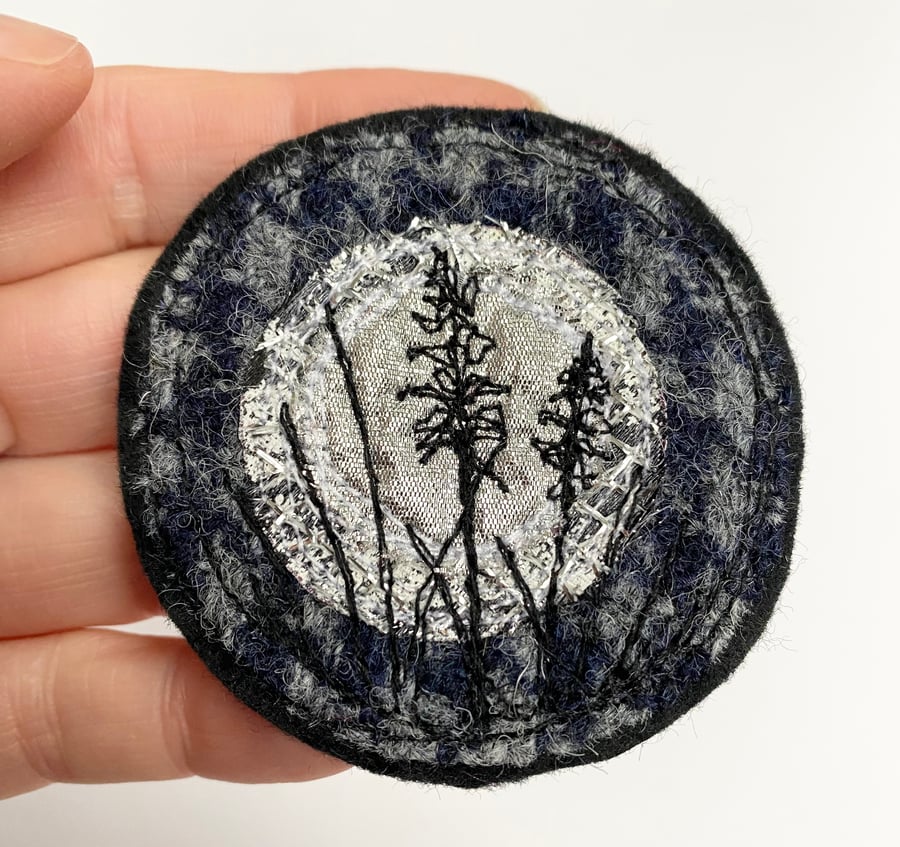 Upcycled full moon garden brooch pin or badge. 