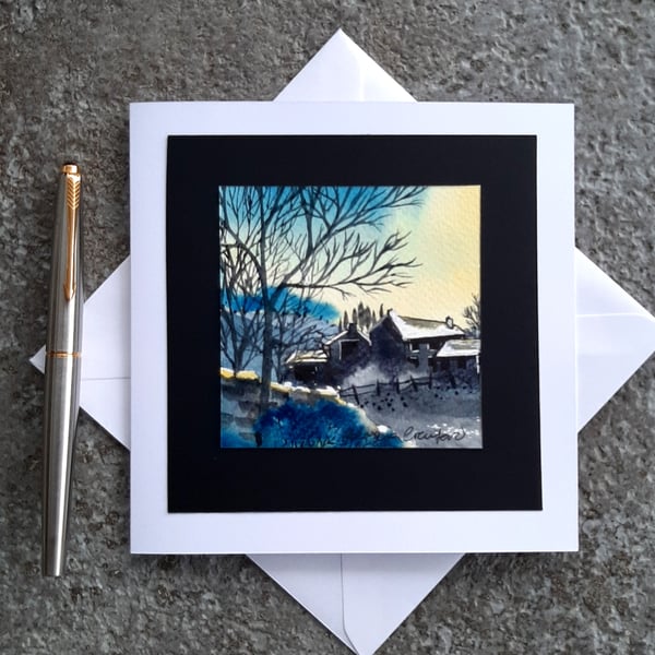 Handpainted Blank Christmas Card. The Farm in Winter