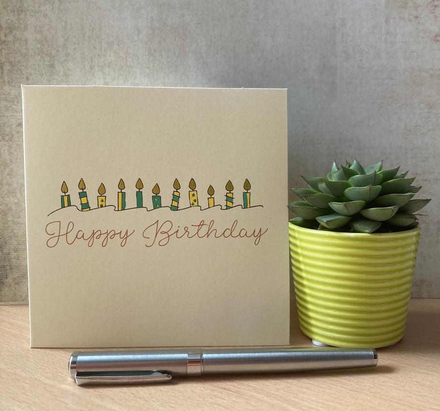 Birthday Candles - Happy Birthday Card - Hand painted card - Green