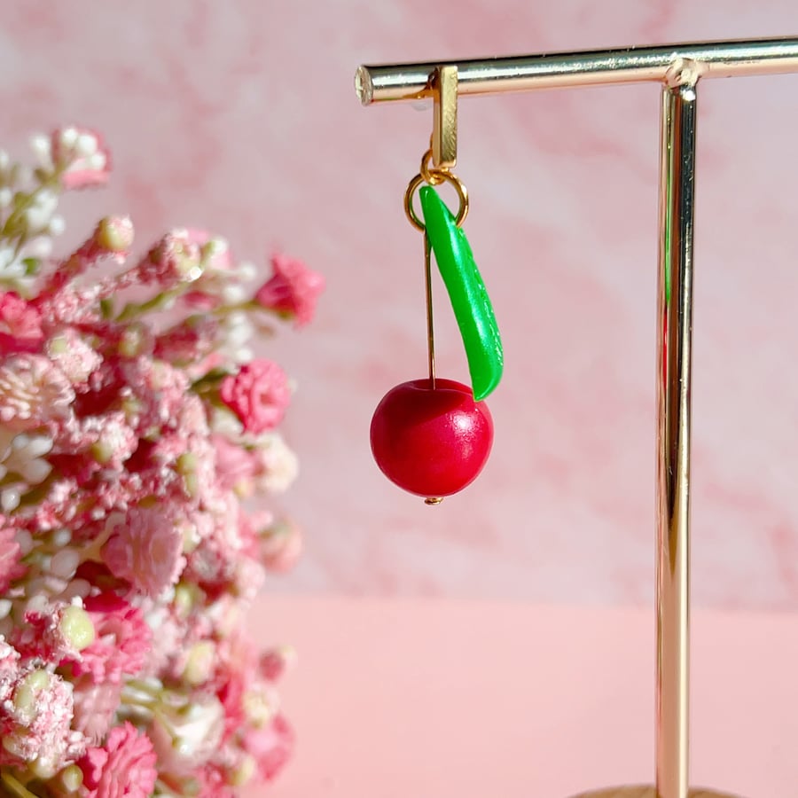Red Cherry Drop Earrings, Retro Vintage Style, Clay Fruit Charm