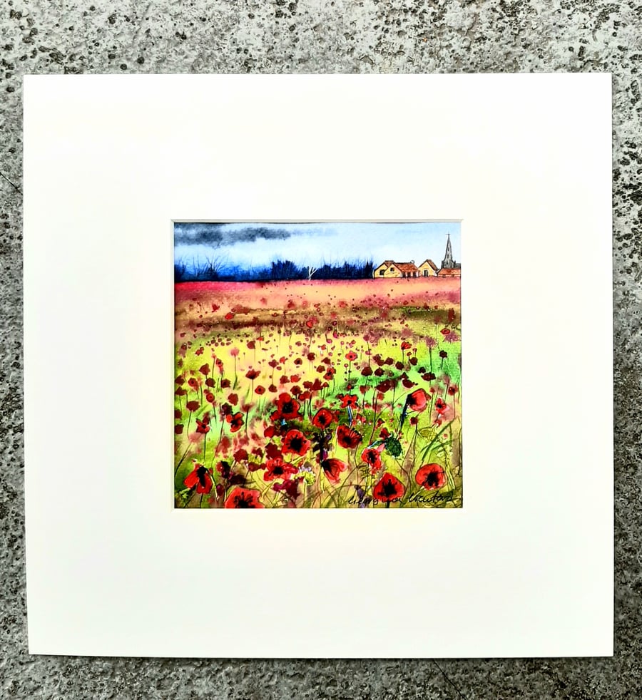 Ruby Poppies. Landscape Painting. Watercolour and ink Red and Hot Pink Flowers. 