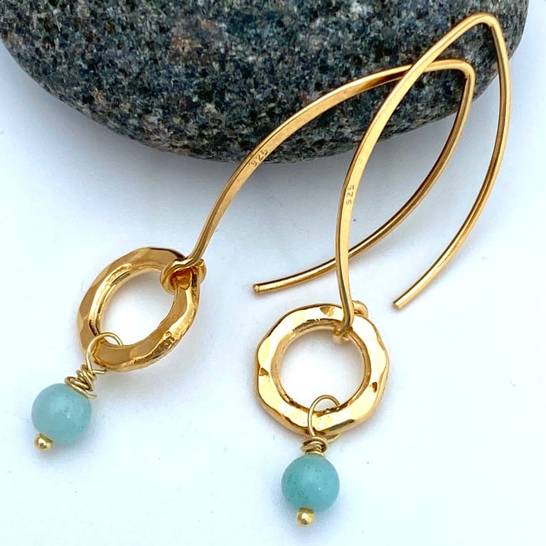 Gold Plated Silver, Jade Drop Earrings.  Long Earrings