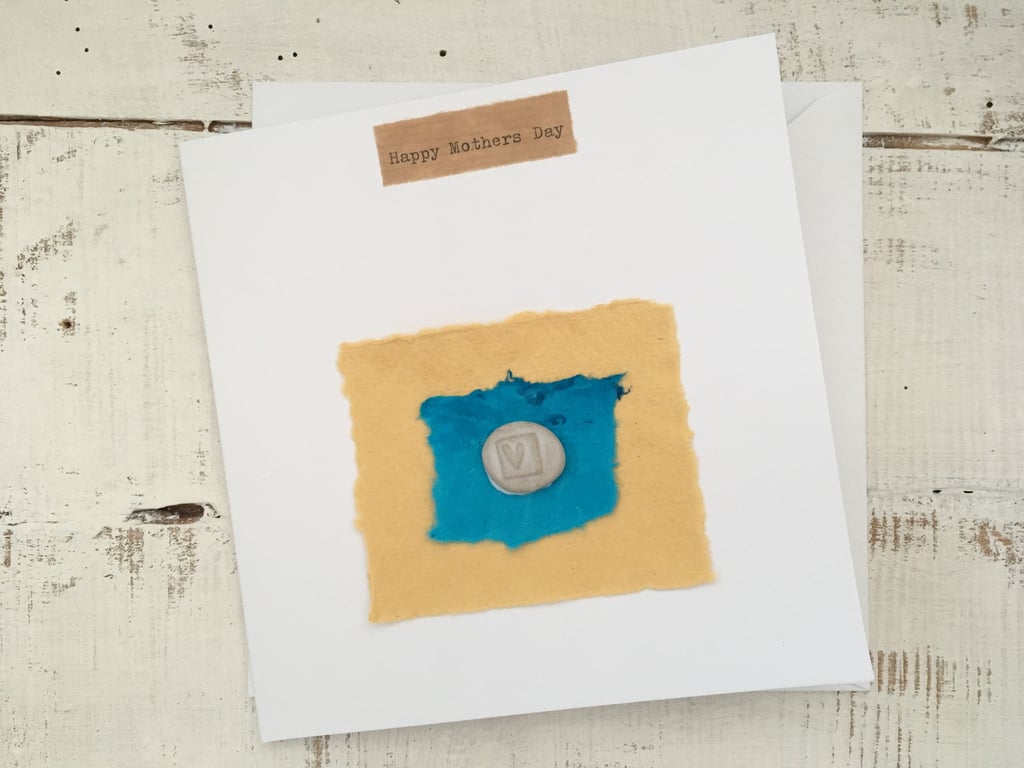 Happy Mothers day card, hand made with attached ceramic Love heart