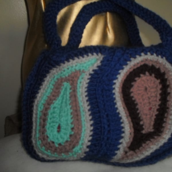  CROCHETED  PAISLEY BAG  IN BLUE 32CM WIDTH  24CM LENGTH 38CM WITH HANDLE