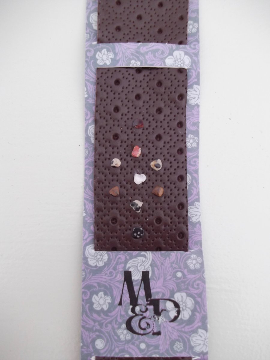 Handmade Leather Bookmark Floral Embossed with Neutral Coloured Crystal Stones 