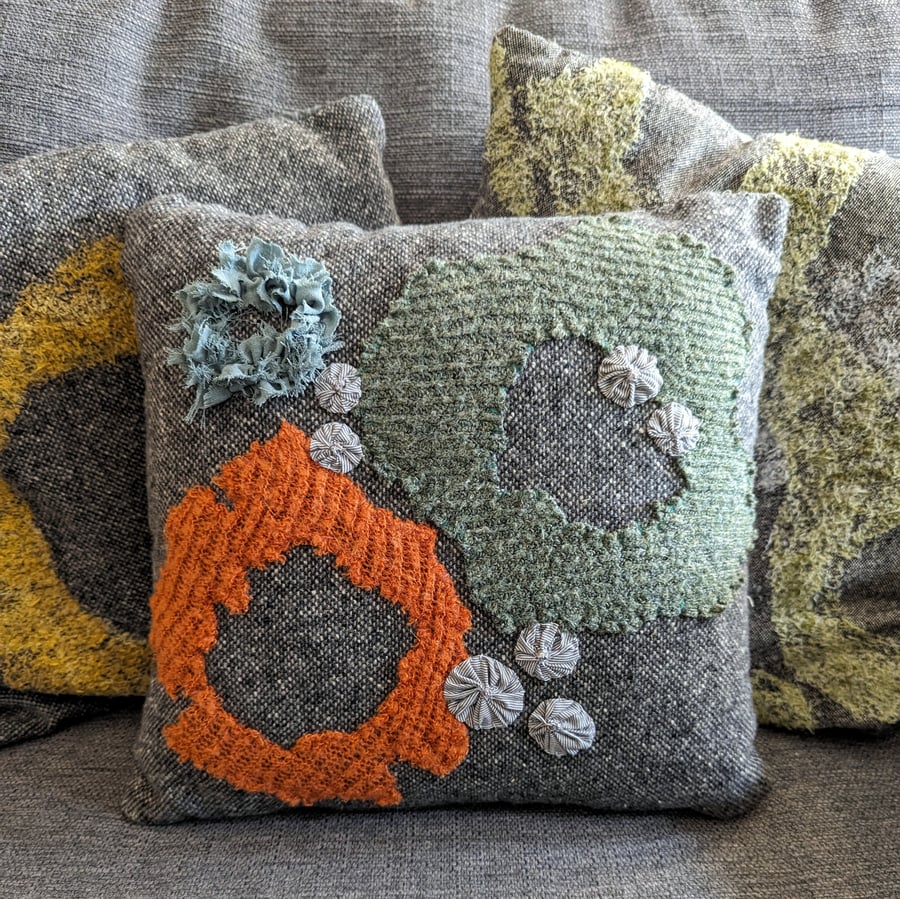 Coastal Dreams Applique Cushion from Recycled Materials with British Wool pads.