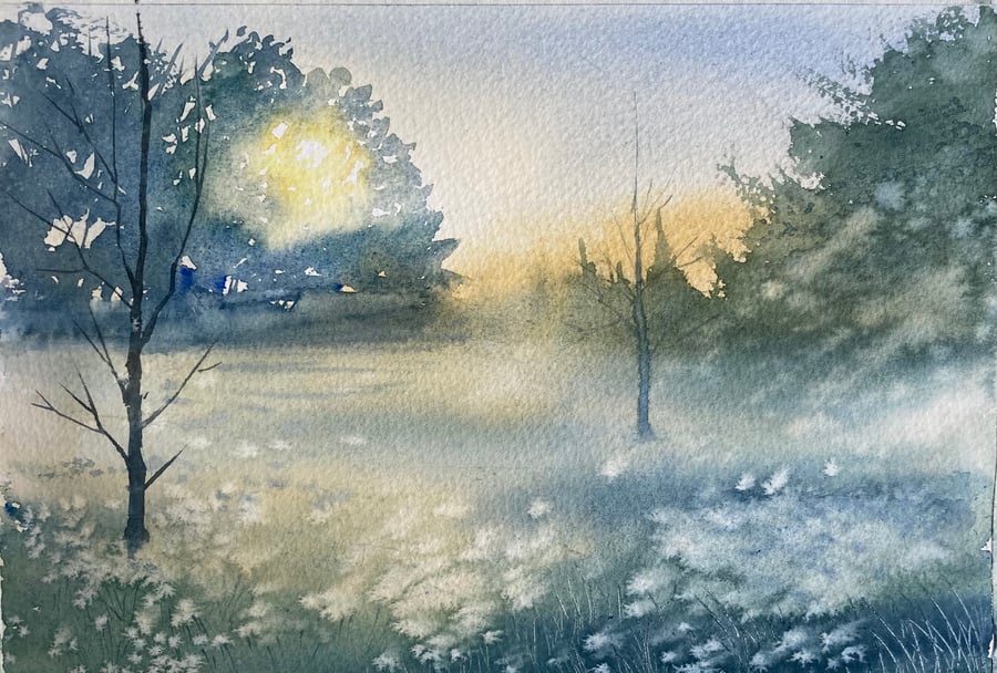 Foggy fields early morning sun (Pure Original Watercolour) 