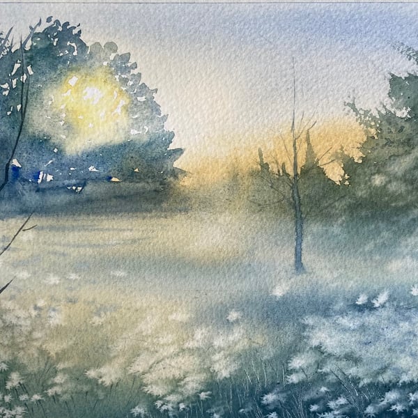 Foggy fields early morning sun (Pure Original Watercolour) 