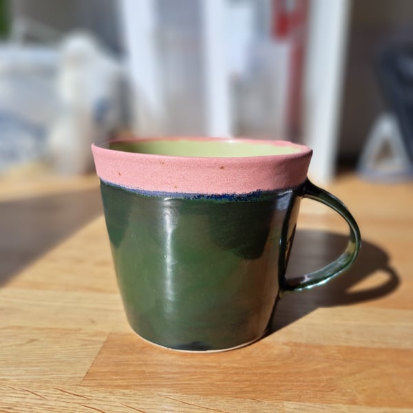 EXTRA LARGE HAND MADE STONEWARE MUG -glazed in greens and pink