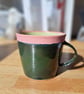 EXTRA LARGE HAND MADE STONEWARE MUG -glazed in greens and pink