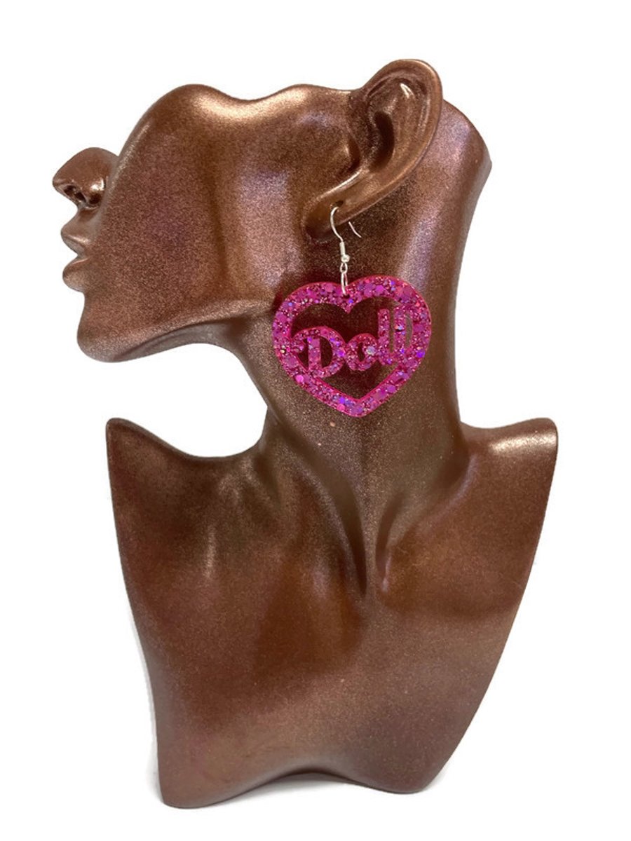 Doll Heart Resin Earrings