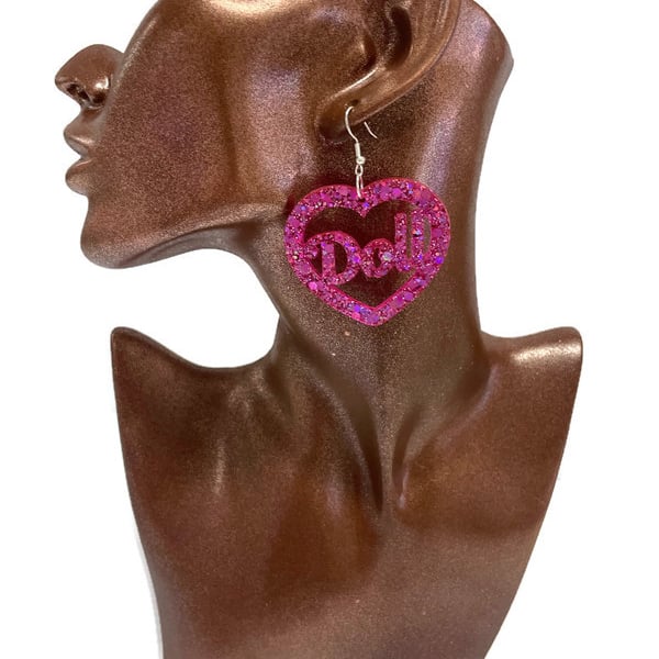 Doll Heart Resin Earrings