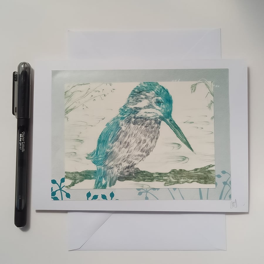Handmade blank card kingfisher drypoint 