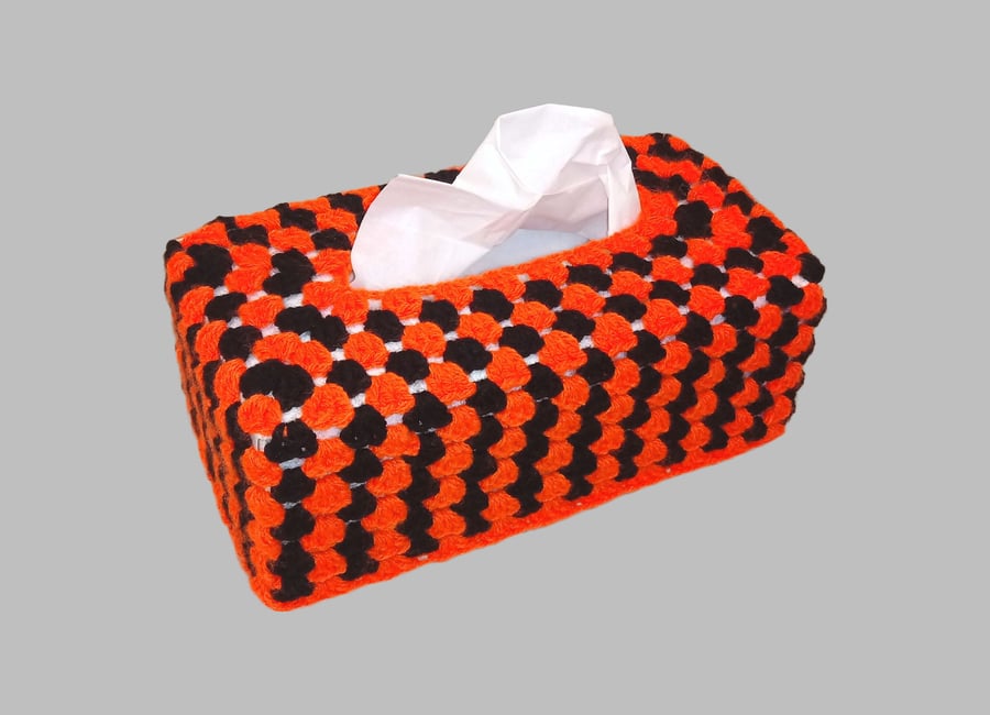 Tissue box cover in orange and black, Halloween crochet tissue box case