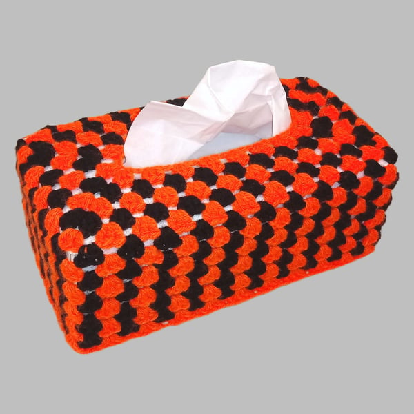 Tissue box cover in orange and black, Halloween crochet tissue box case
