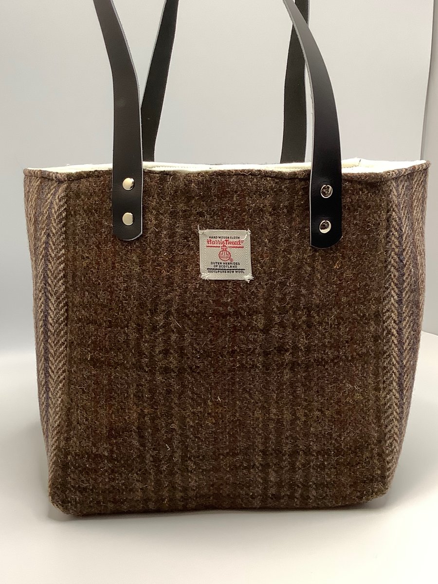 Handy Oban check Tawney Harris tweed small tote bag with leather handles,