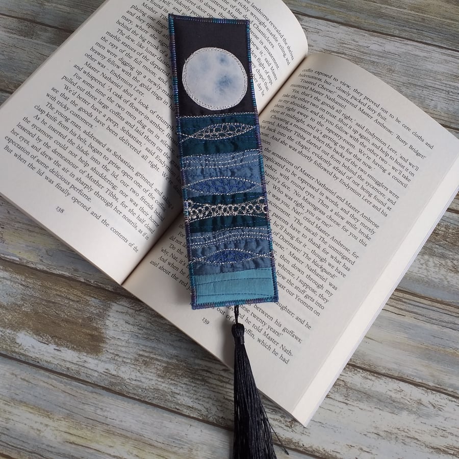  Embroidered Silk Bookmark, Moonlit Seascape Bookmark