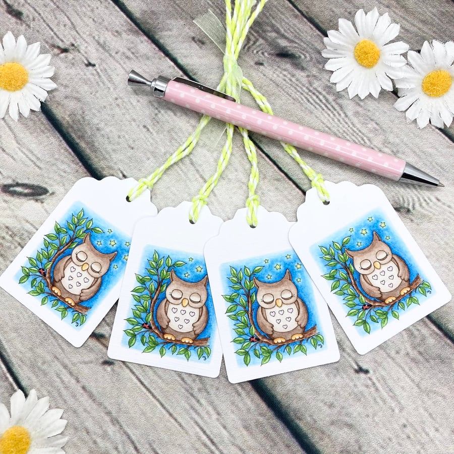 Sleepy Owl Gift Tags - set of 4 tags