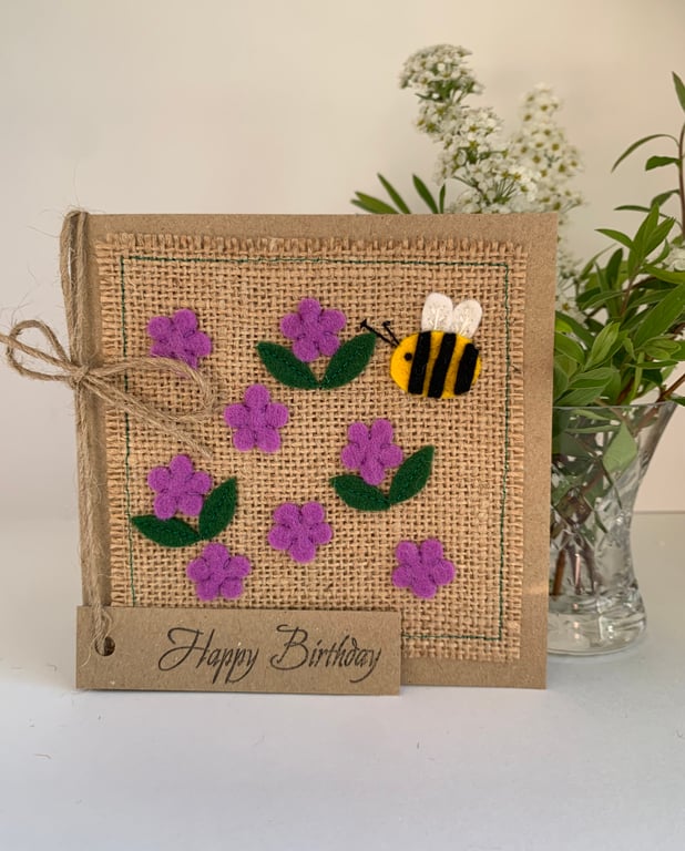 Handmade Birthday Card. Purple flowers with a bee from wool felt.