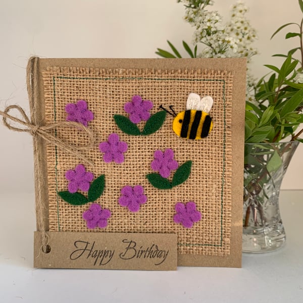 Handmade Birthday Card. Purple flowers with a bee from wool felt.
