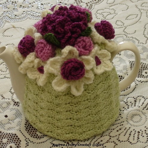 4-6 Cup Crochet Tea Cosy Cosie Cozy Green with Flower Garden Top (Made to order)