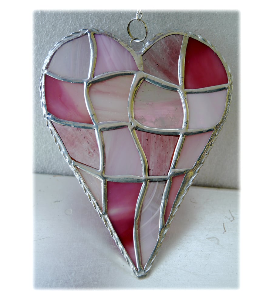 Patchwork Heart Suncatcher Stained Glass Handmade Pink 043