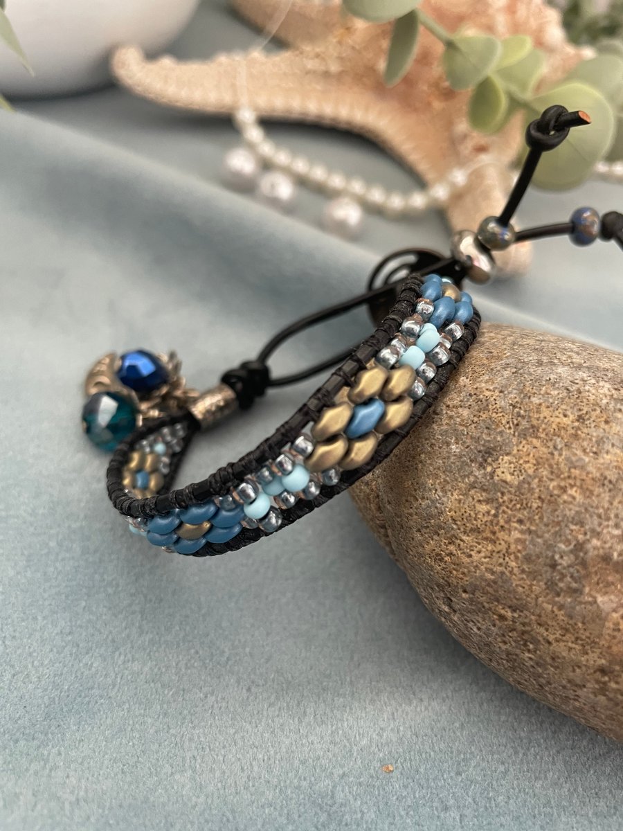 Leather boho beaded adjustable charm bracelet, beach accessories, holiday