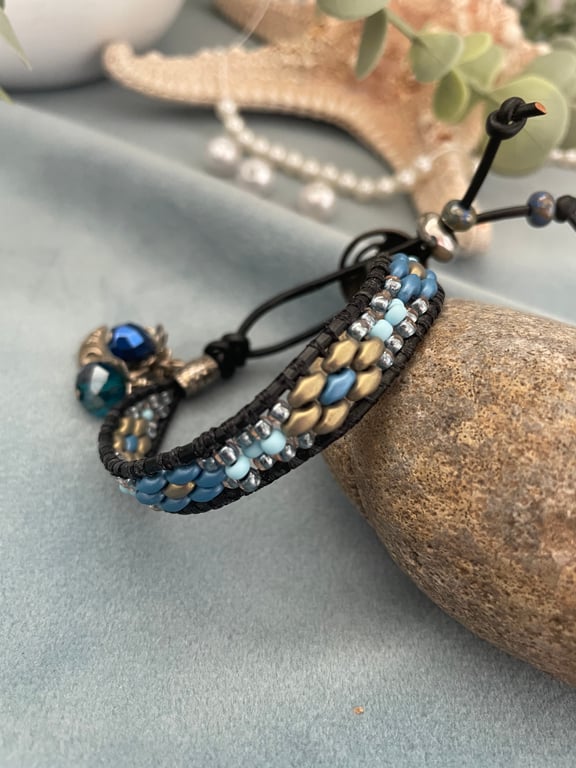 Leather boho beaded adjustable charm bracelet, beach accessories, holiday