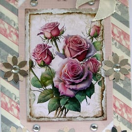 Pink Rose Hand Crafted Decoupage Greeting Card - Blank for any Occasion (2569)