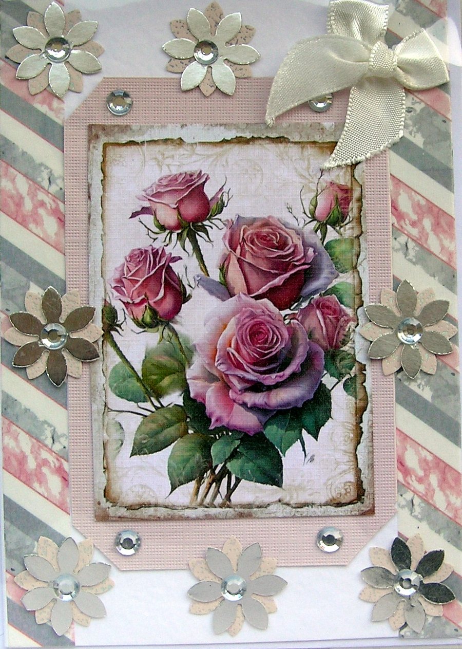 Pink Rose Hand Crafted Decoupage Greeting Card - Blank for any Occasion (2569)