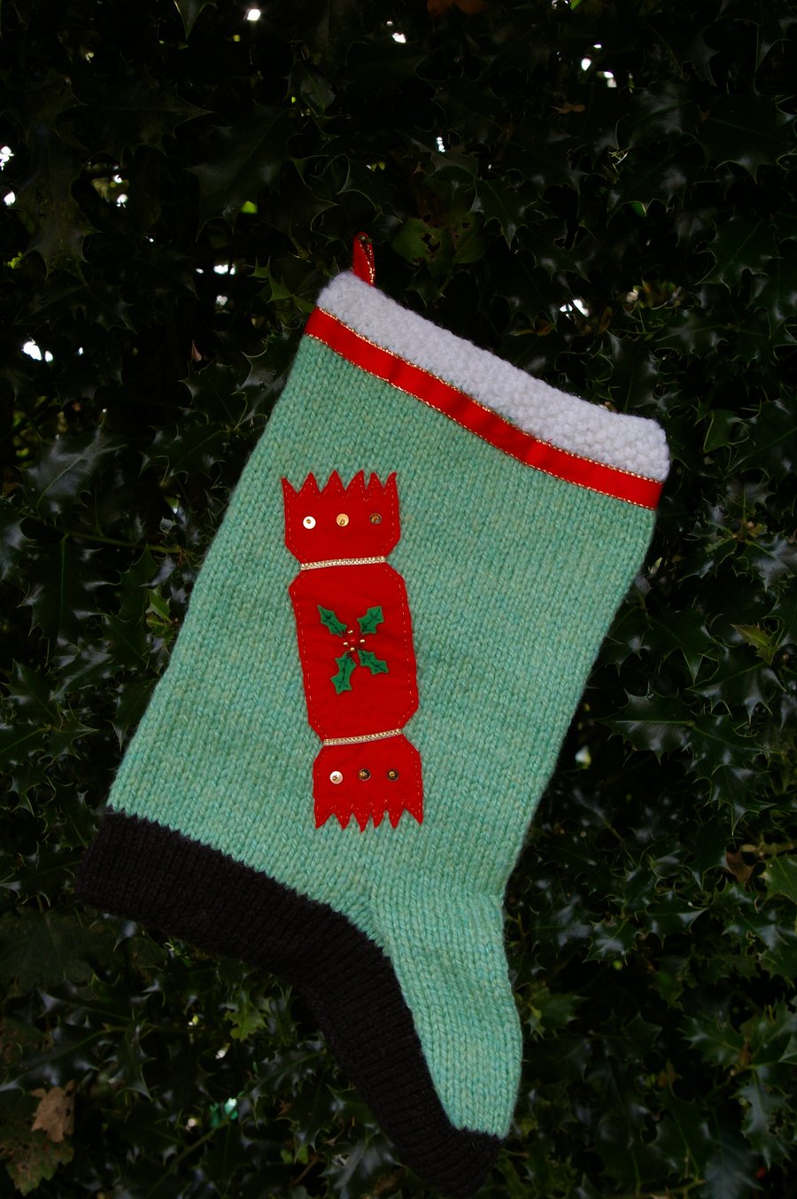 Christmas Stocking hand knitted with applique work